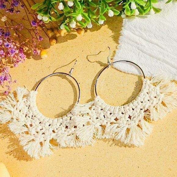 Jewelry - Neutral Coastal Chic Macrame Statement Hoops Bohemian Textured Fringe Earrings